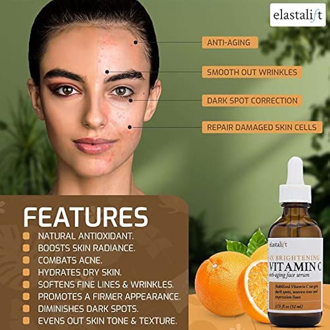 elastalift BONUS SIZE 1.75 FL OZ VITAMIN C SERUM FOR AGE SPOTS, WRINKLES, EXPRESSION LINES. ANTI-AGING SERUM W/VITAMIN C & HYALURONIC ACID BRIGHTENS SKIN & HELPS PROMOTE A HEALTHIER SKIN COMPLEXION - Image 3